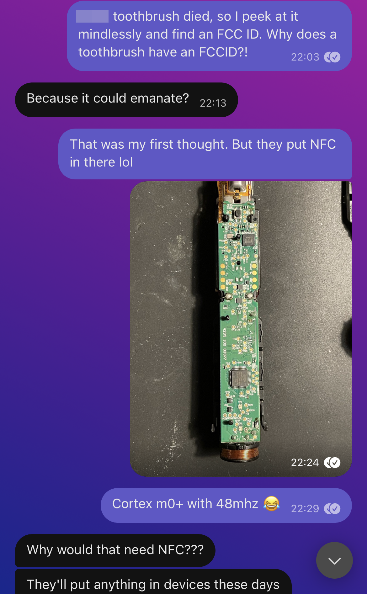 Chat interaction about why a toothbrush would need and FCC ID.